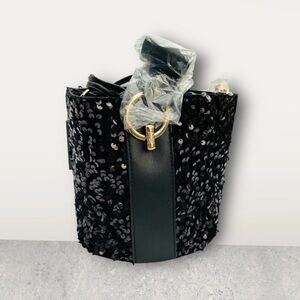 Badgley Mischka Elegant Black Sequin Bucket Bag